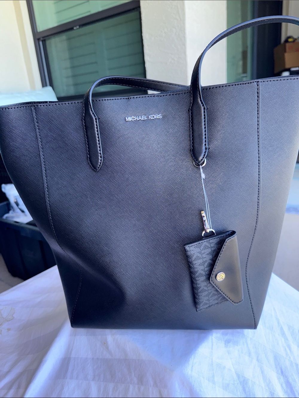 NWT - Michael Kors Large Black Leather Tote with Key holder attached.